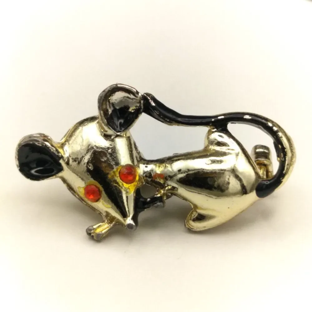 Vintage Gold Tone Two Mice Animal Lapel Pin Brooch Red Rhinestone Eyes 1.5